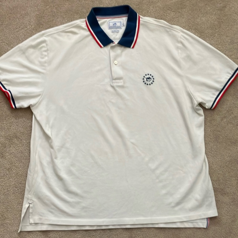 White Southern Tide Patriotic Polo Shirt with Navy and Red Accents